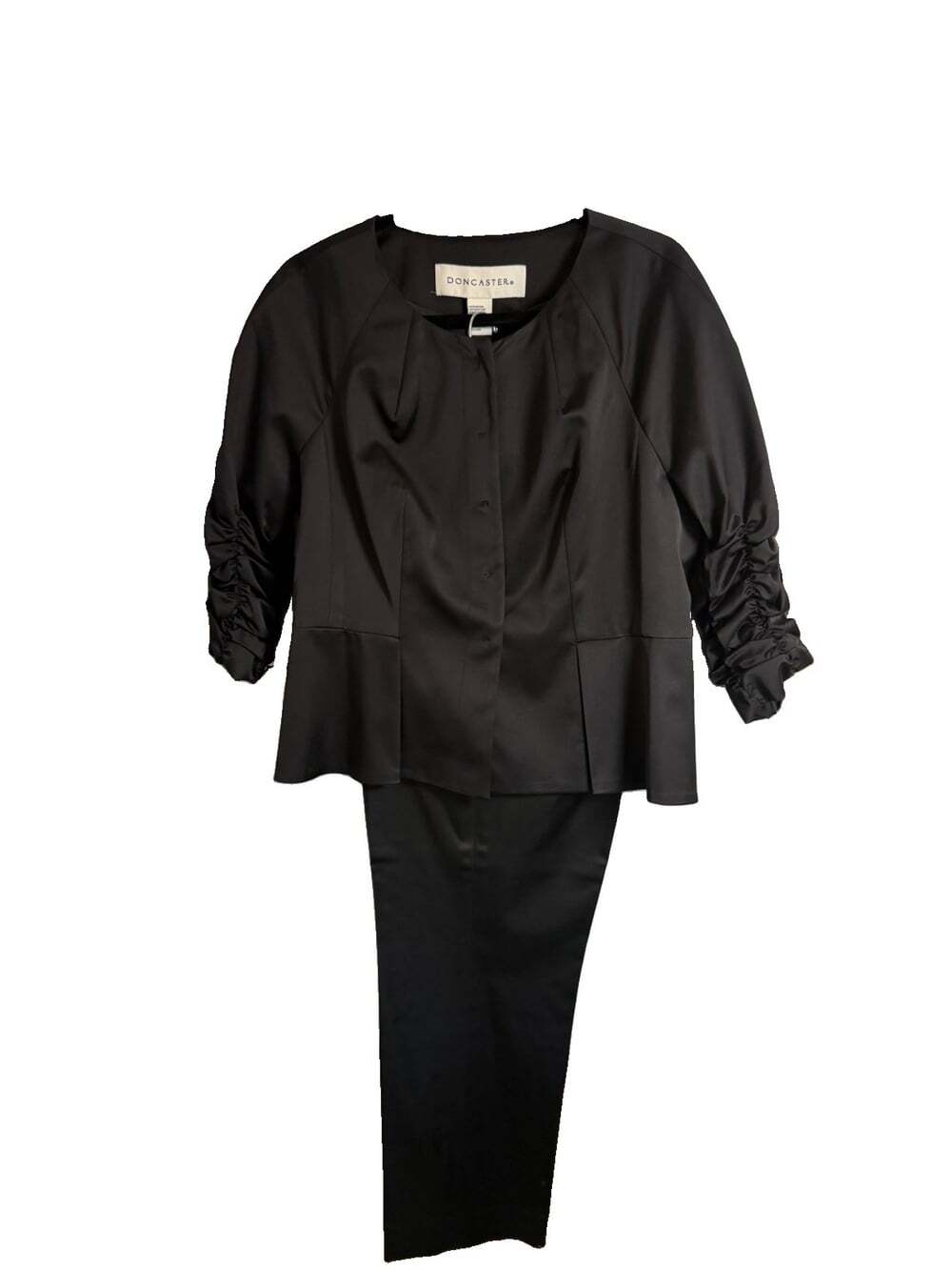 Doncaster Black Collarless Blazer Ruched 3/4 Sleeve Peplum Silk Pant Suit 12